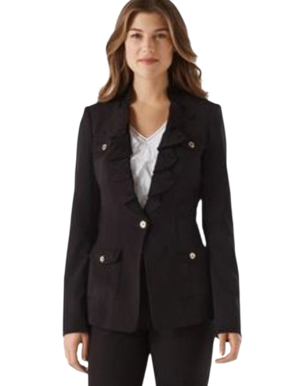 WHBM Black Ruffle Front One Button Blazer Jacket Size 2